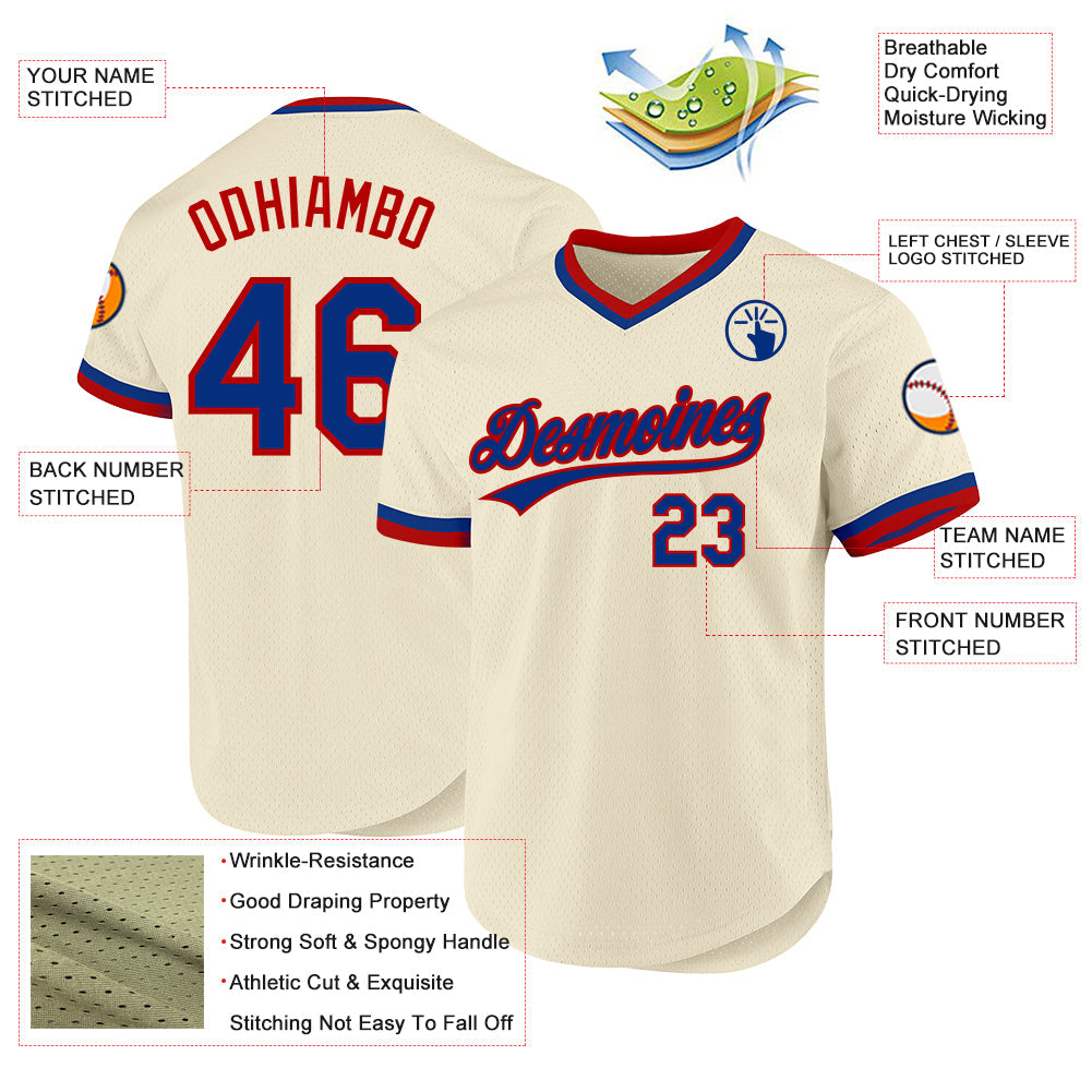 Custom Cream Royal-Red Authentic Throwback Baseball Jersey view 3