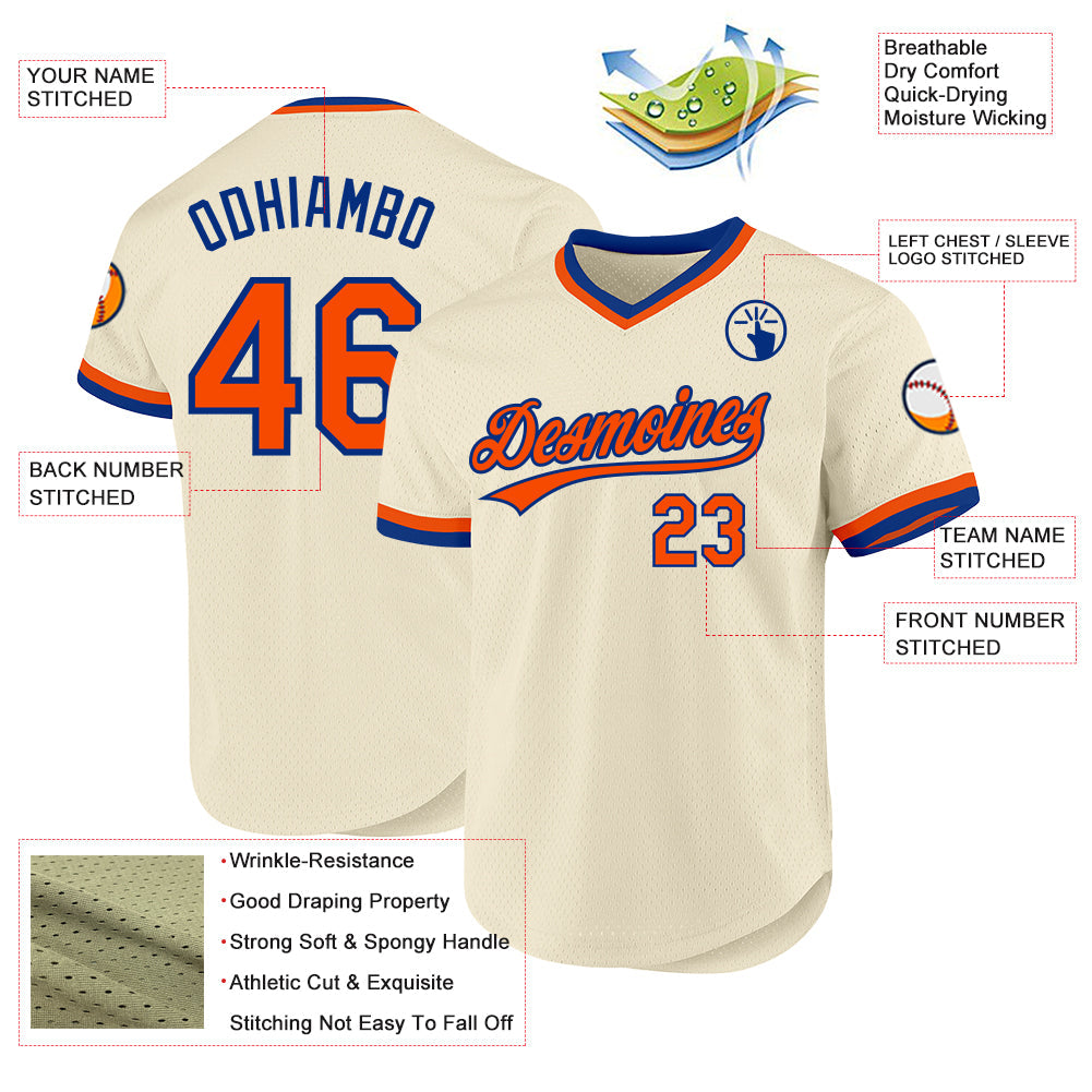 Custom Cream Orange-Royal Authentic Throwback Baseball Jersey view 3