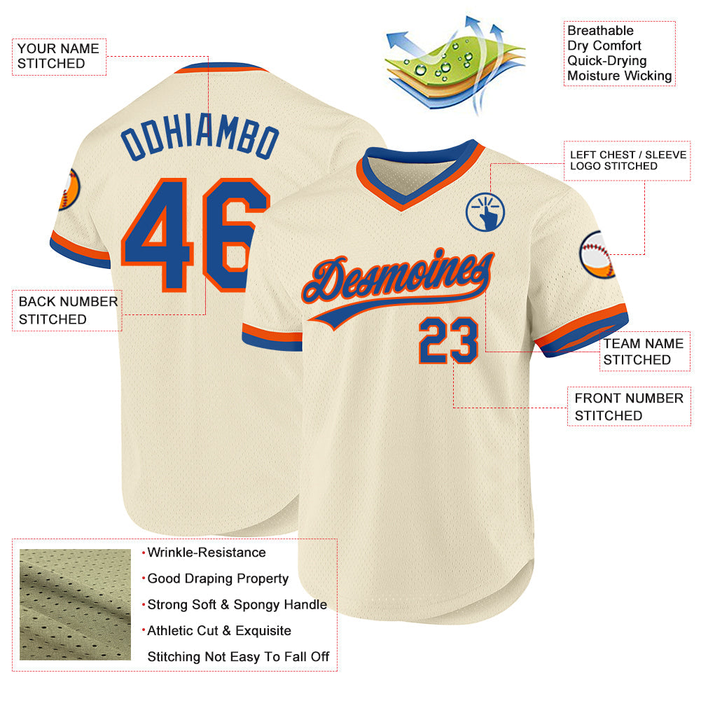 Custom Cream Blue-Orange Authentic Throwback Baseball Jersey view 3