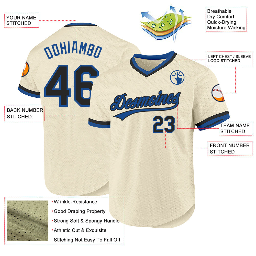 Custom Cream Black-Blue Authentic Throwback Baseball Jersey view 3