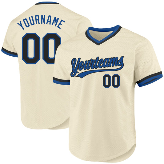 Custom Cream Black-Blue Authentic Throwback Baseball Jersey - Main View