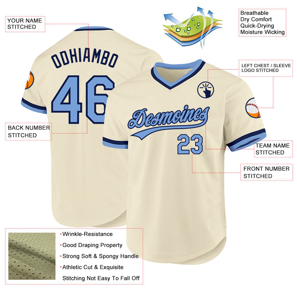 Custom Cream Light Blue-Navy Authentic Throwback Baseball Jersey view 3