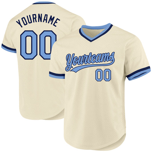 Custom Cream Light Blue-Navy Authentic Throwback Baseball Jersey - Main View