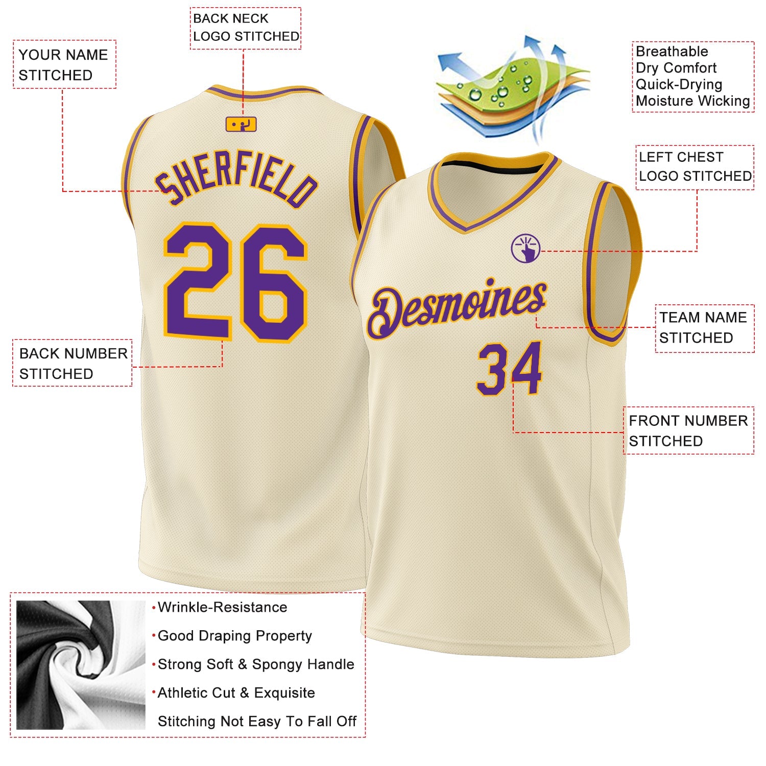 Custom Cream Purple-Gold Authentic Throwback Basketball Jersey view 3