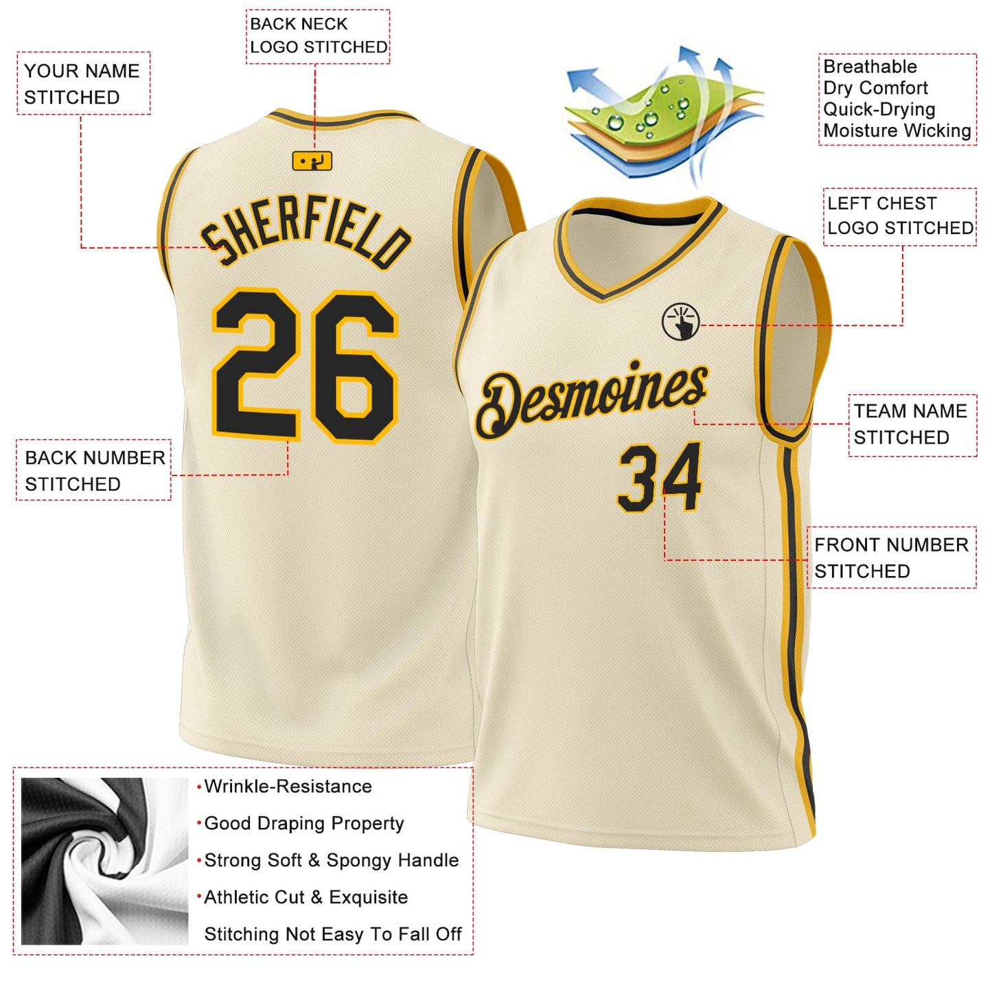 Custom Cream Black-Gold Authentic Throwback Basketball Jersey view 3