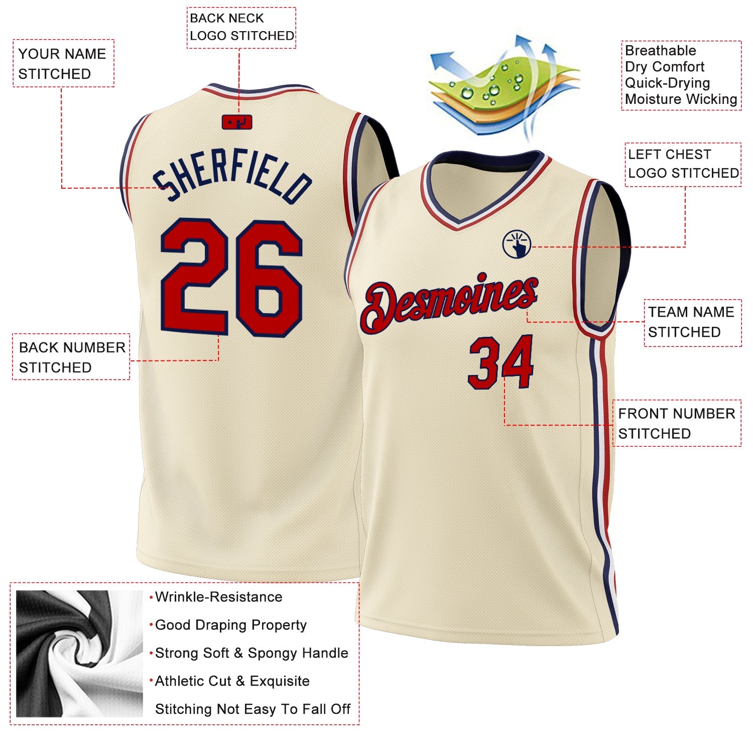 Custom Cream Red-Navy Authentic Throwback Basketball Jersey view 3