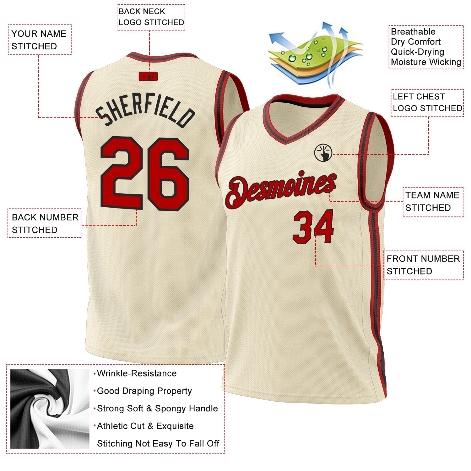 Custom Cream Red-Black Authentic Throwback Basketball Jersey view 3