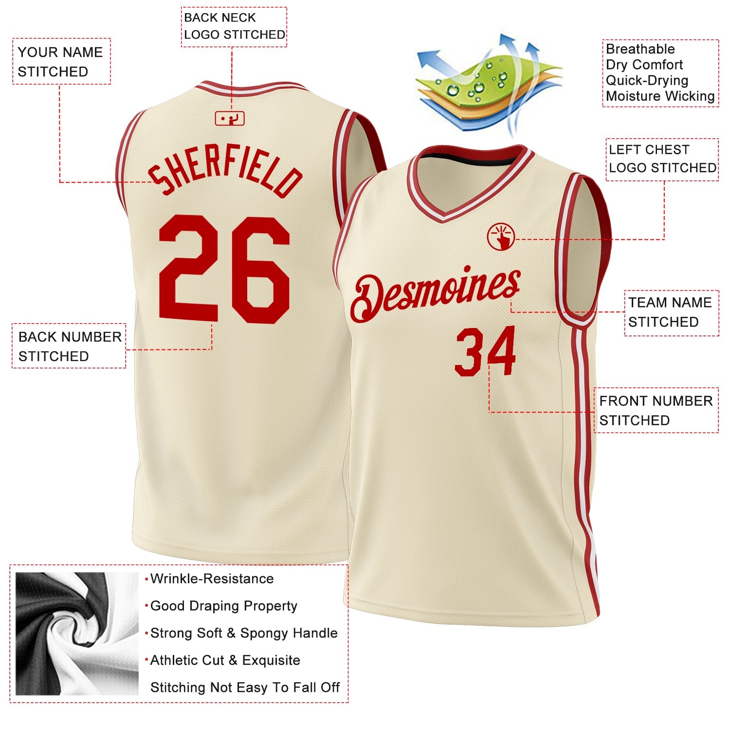 Custom Cream Red-White Authentic Throwback Basketball Jersey view 3