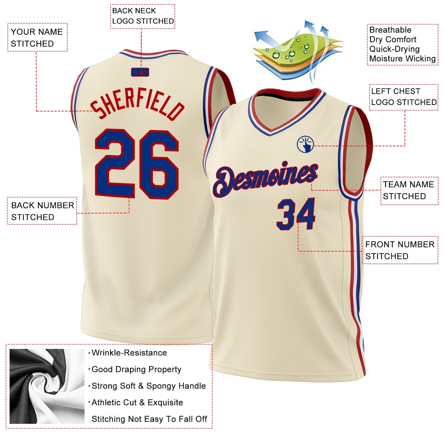 Custom Cream Royal-Red Authentic Throwback Basketball Jersey view 3