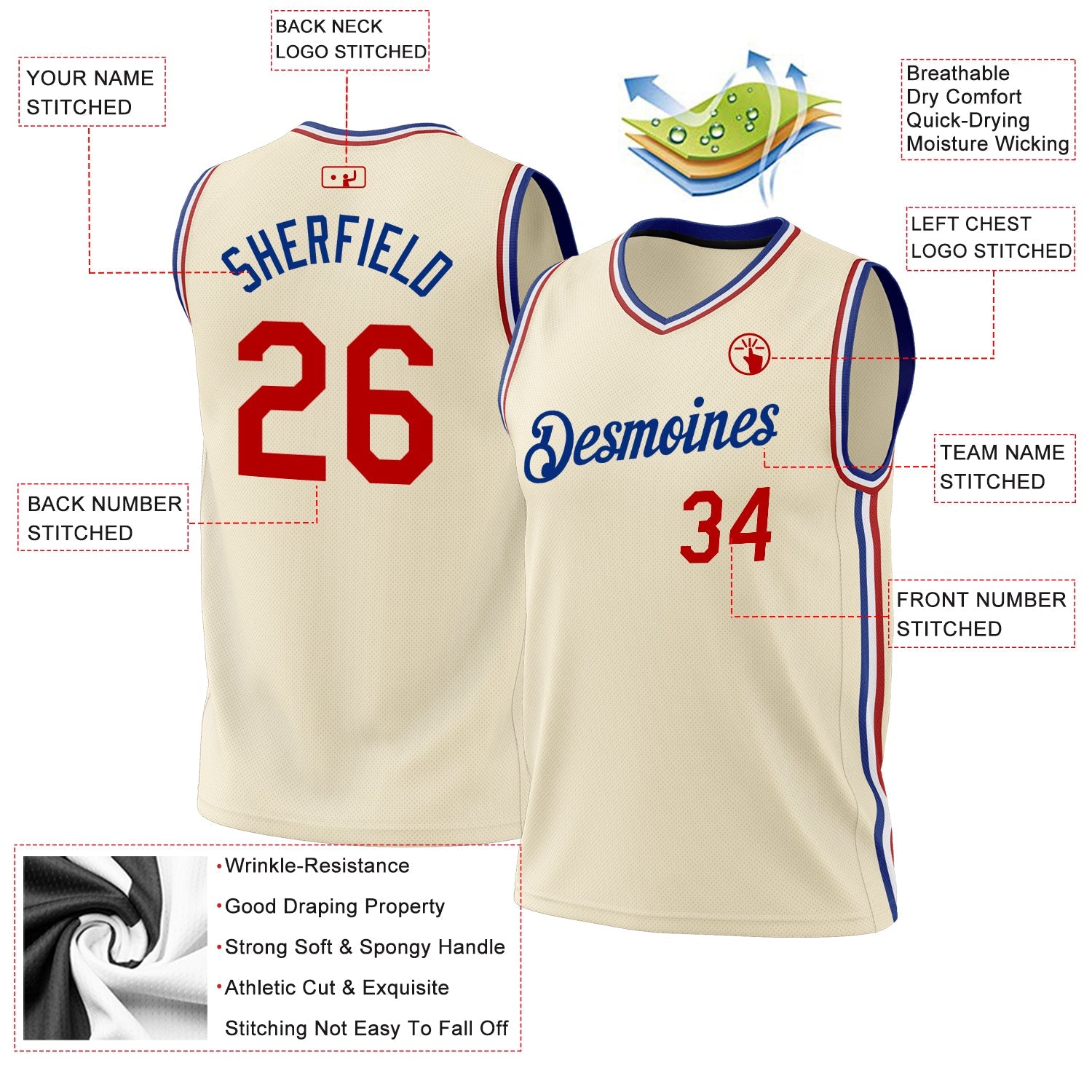 Custom Cream Red-Royal Authentic Throwback Basketball Jersey view 3