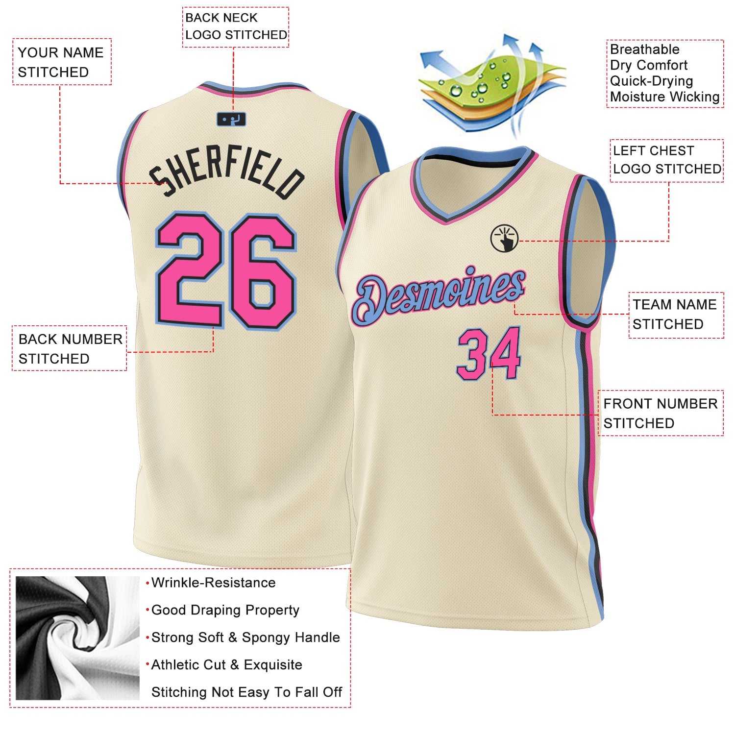 Custom Cream Pink Black-Light Blue Authentic Throwback Basketball Jersey view 3