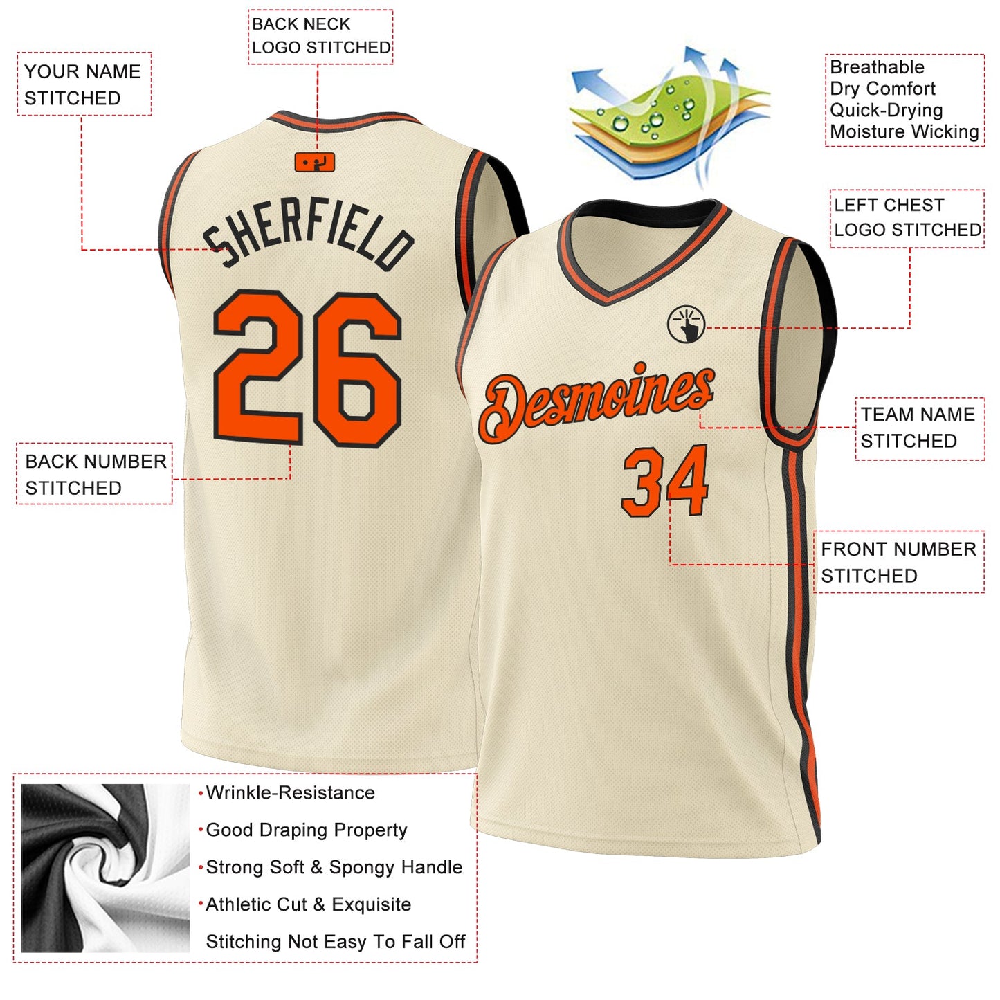 Custom Cream Orange-Black Authentic Throwback Basketball Jersey view 3