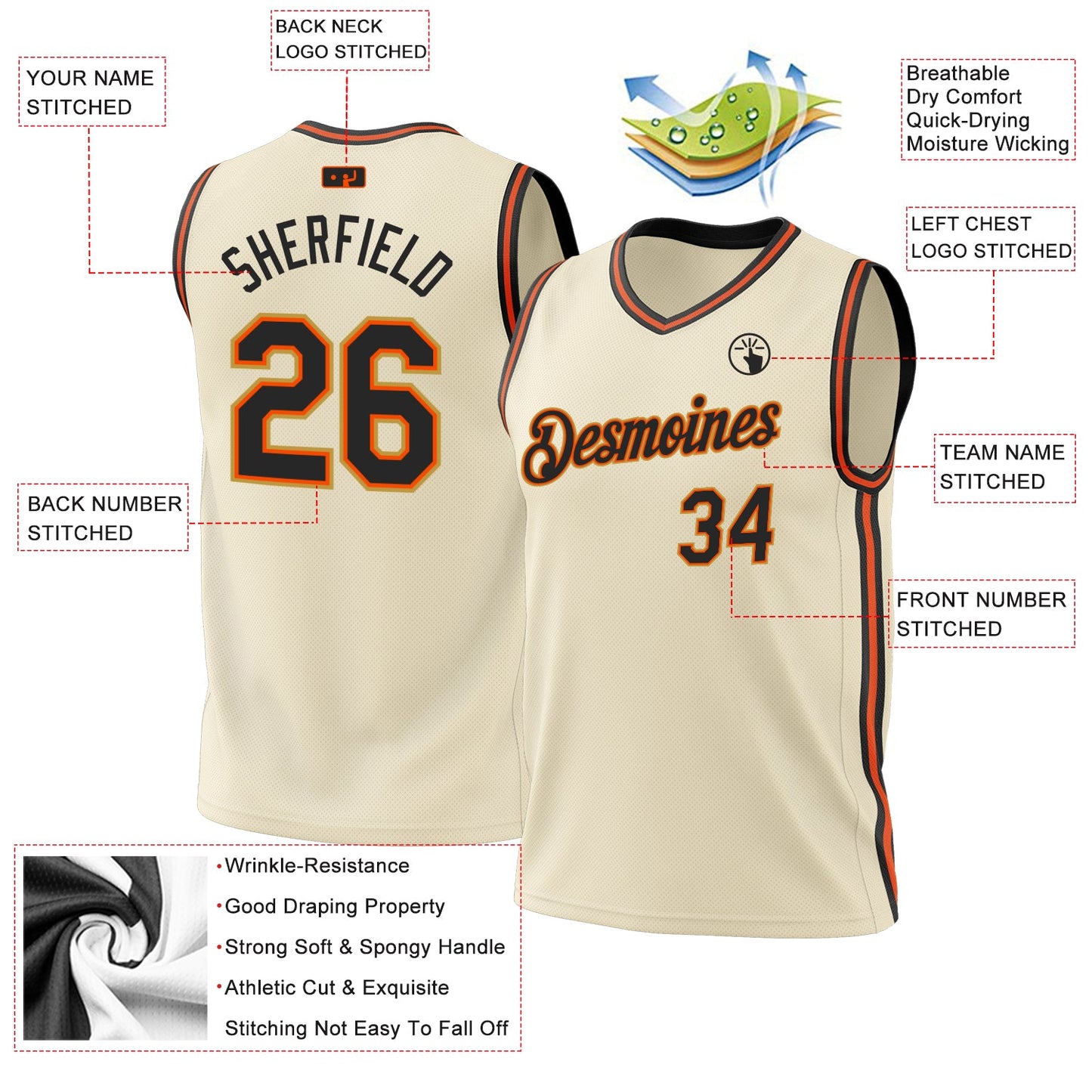 Custom Cream Black Orange-Old Gold Authentic Throwback Basketball Jersey view 3