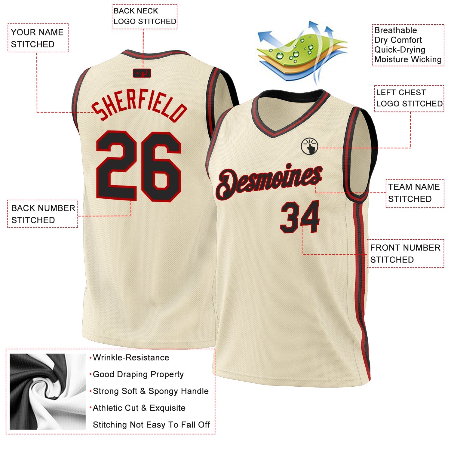 Custom Cream Black-Red Authentic Throwback Basketball Jersey view 3
