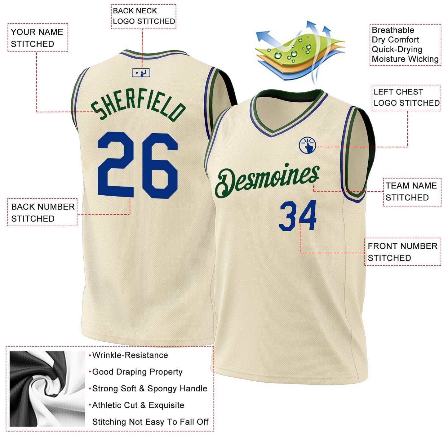 Custom Cream Royal-Green Authentic Throwback Basketball Jersey view 3