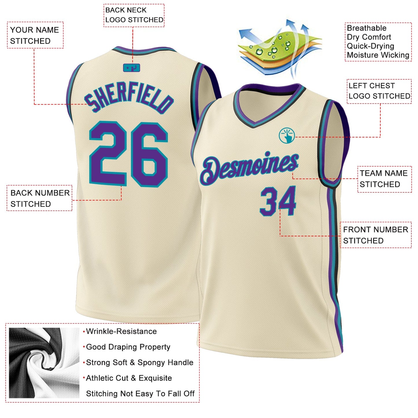 Custom Cream Purple Teal-Black Authentic Throwback Basketball Jersey view 3