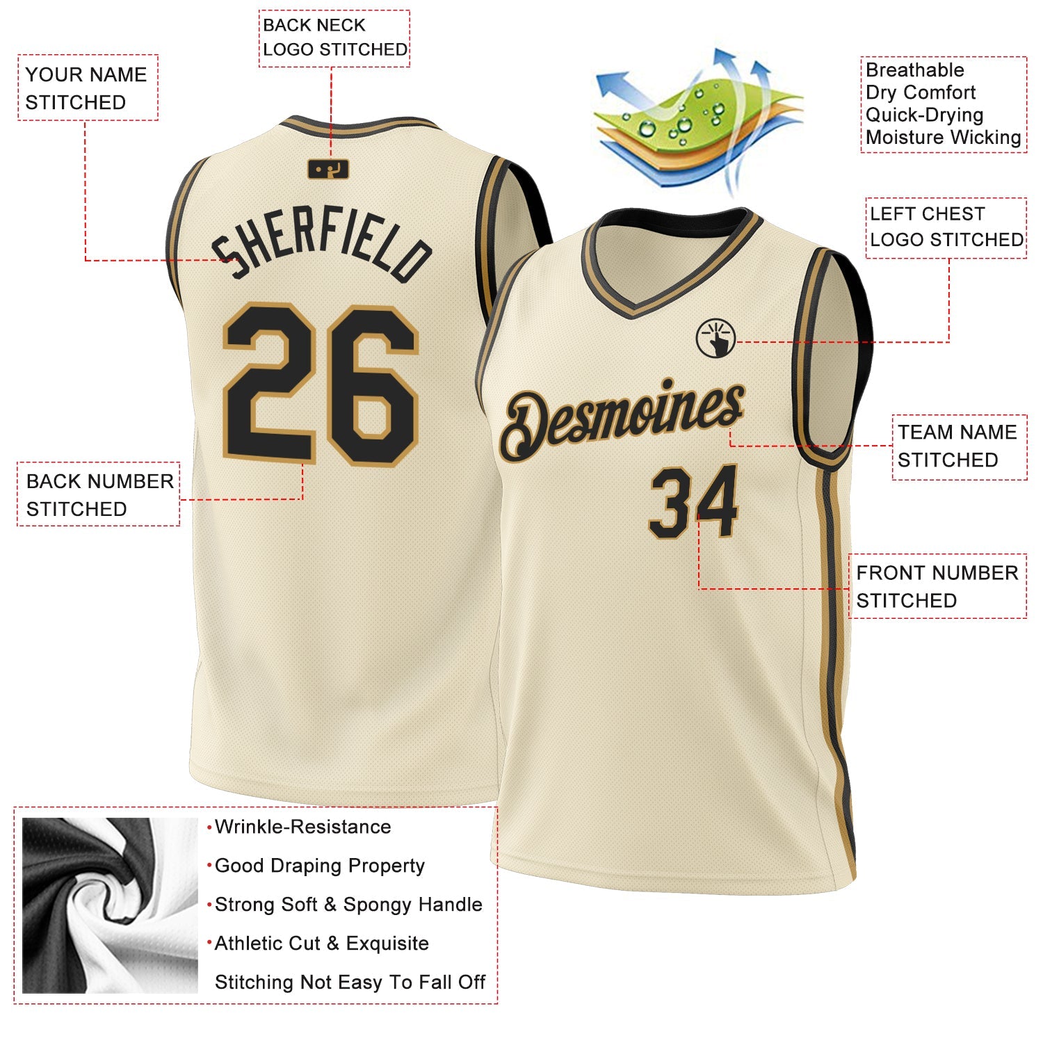 Custom Cream Black-Old Gold Authentic Throwback Basketball Jersey view 3