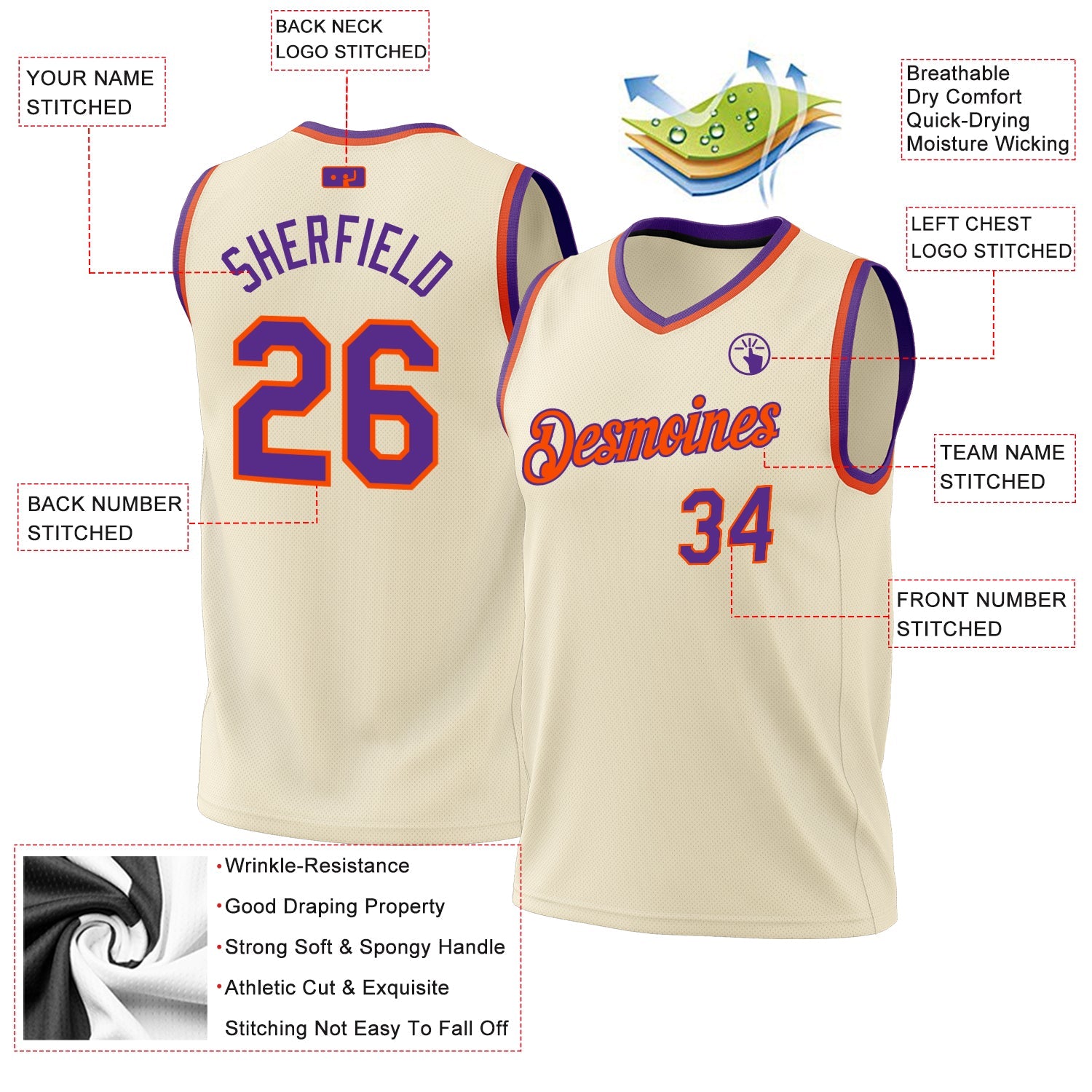 Custom Cream Purple-Orange Authentic Throwback Basketball Jersey view 3