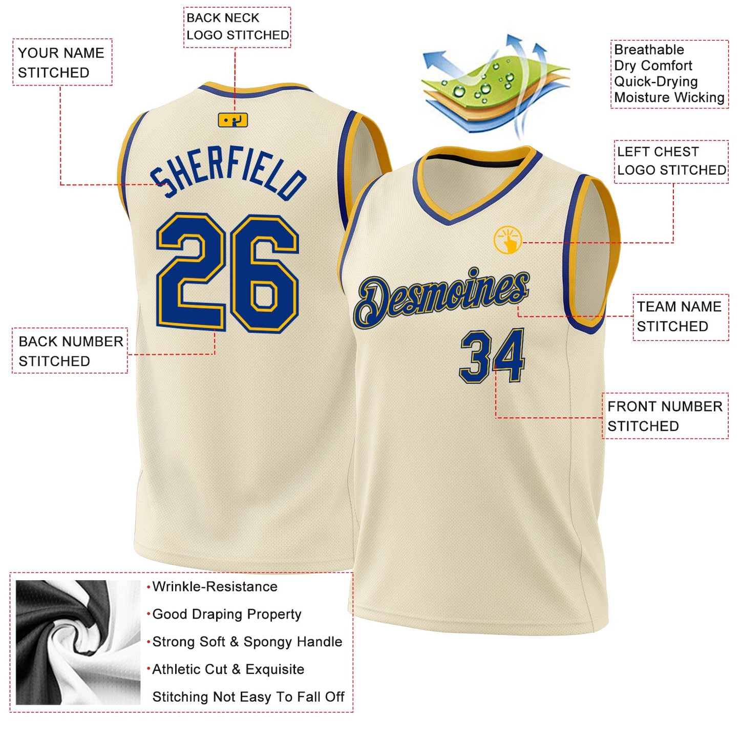 Custom Cream Royal-Gold Authentic Throwback Basketball Jersey view 3