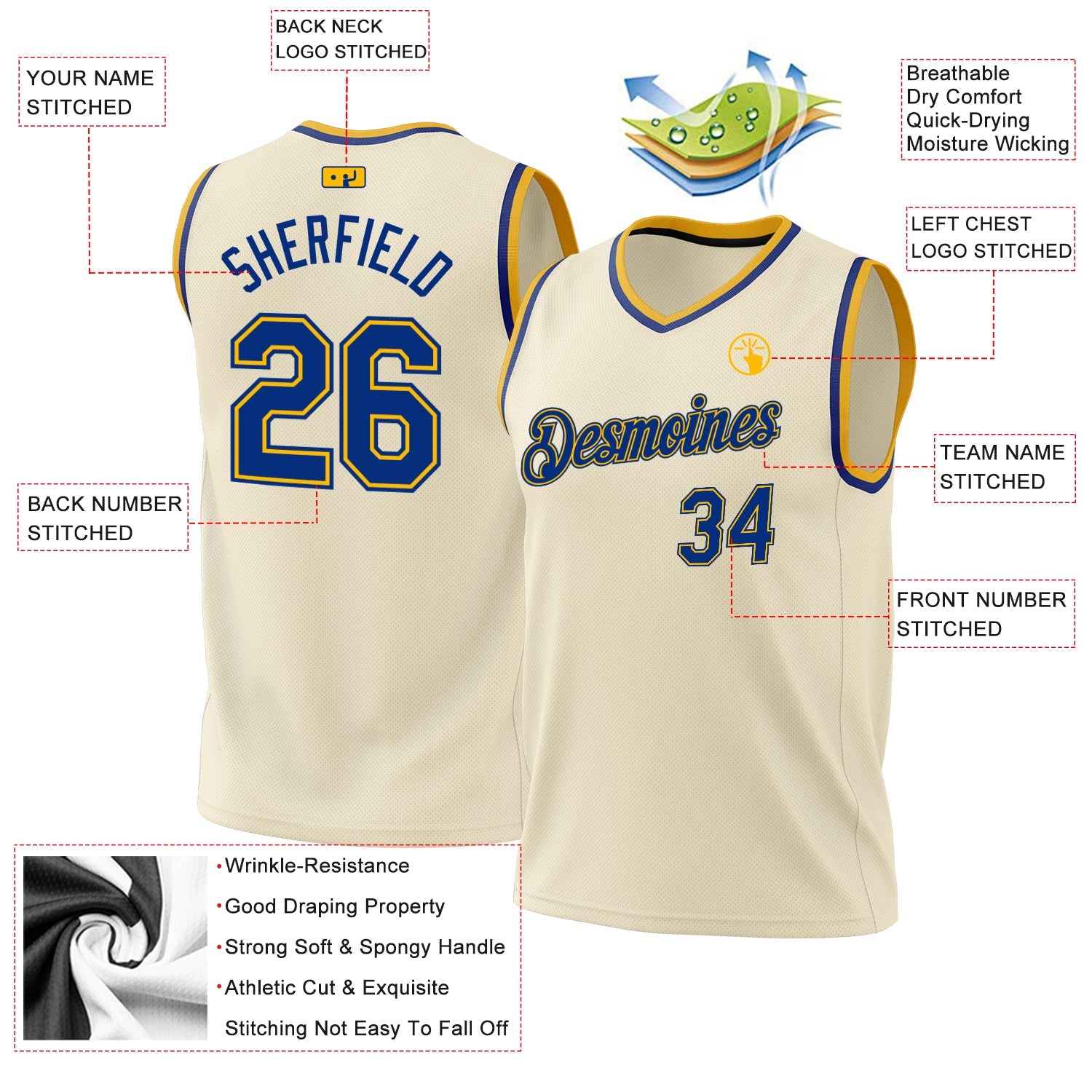 Custom Cream Royal-Gold Authentic Throwback Basketball Jersey view 3