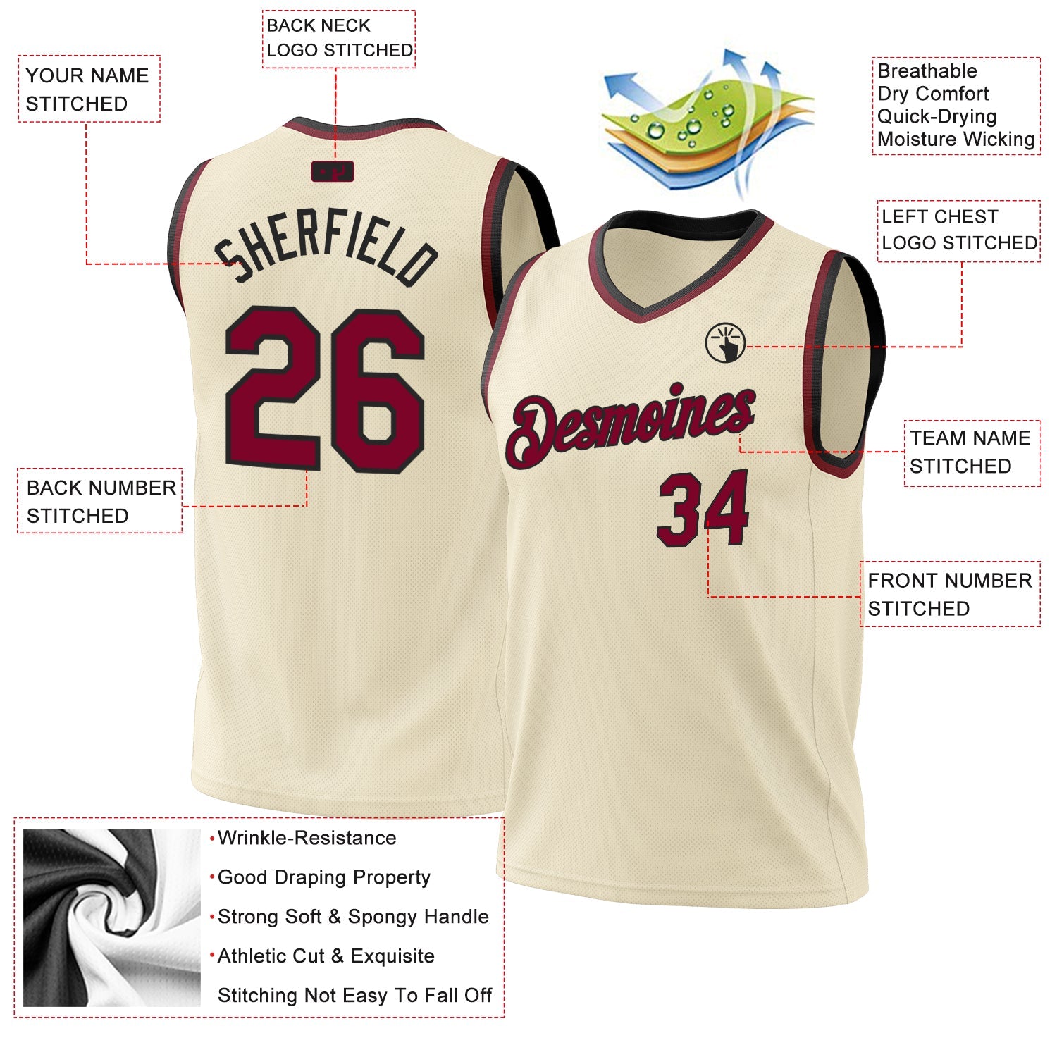 Custom Cream Maroon-Black Authentic Throwback Basketball Jersey view 3
