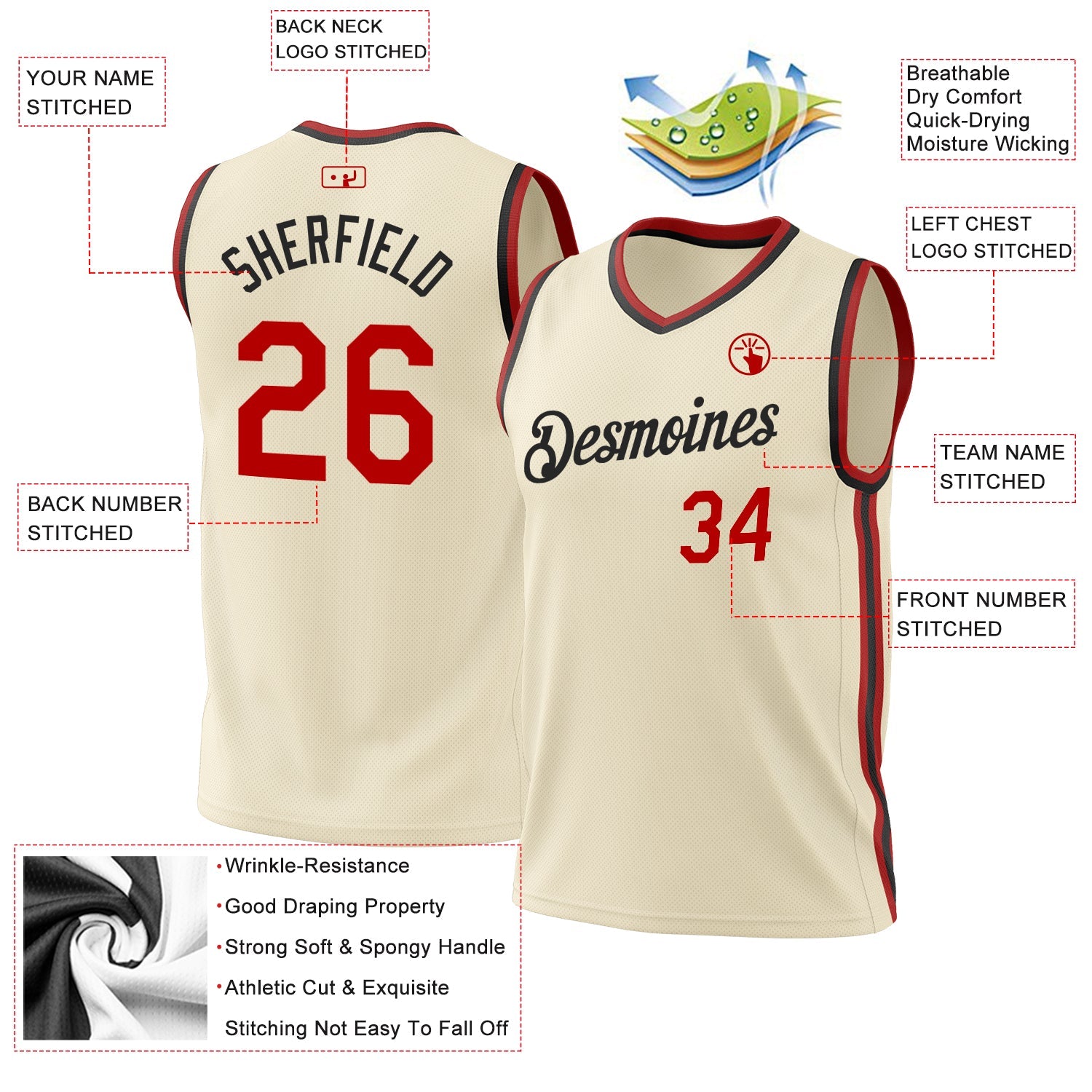 Custom Cream Red-Black Authentic Throwback Basketball Jersey view 3