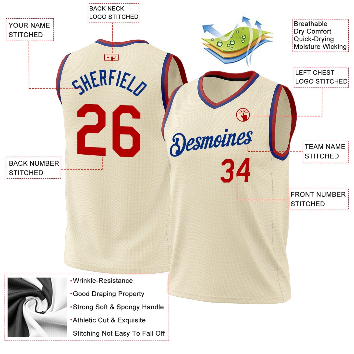 Custom Cream Red-Royal Authentic Throwback Basketball Jersey view 3