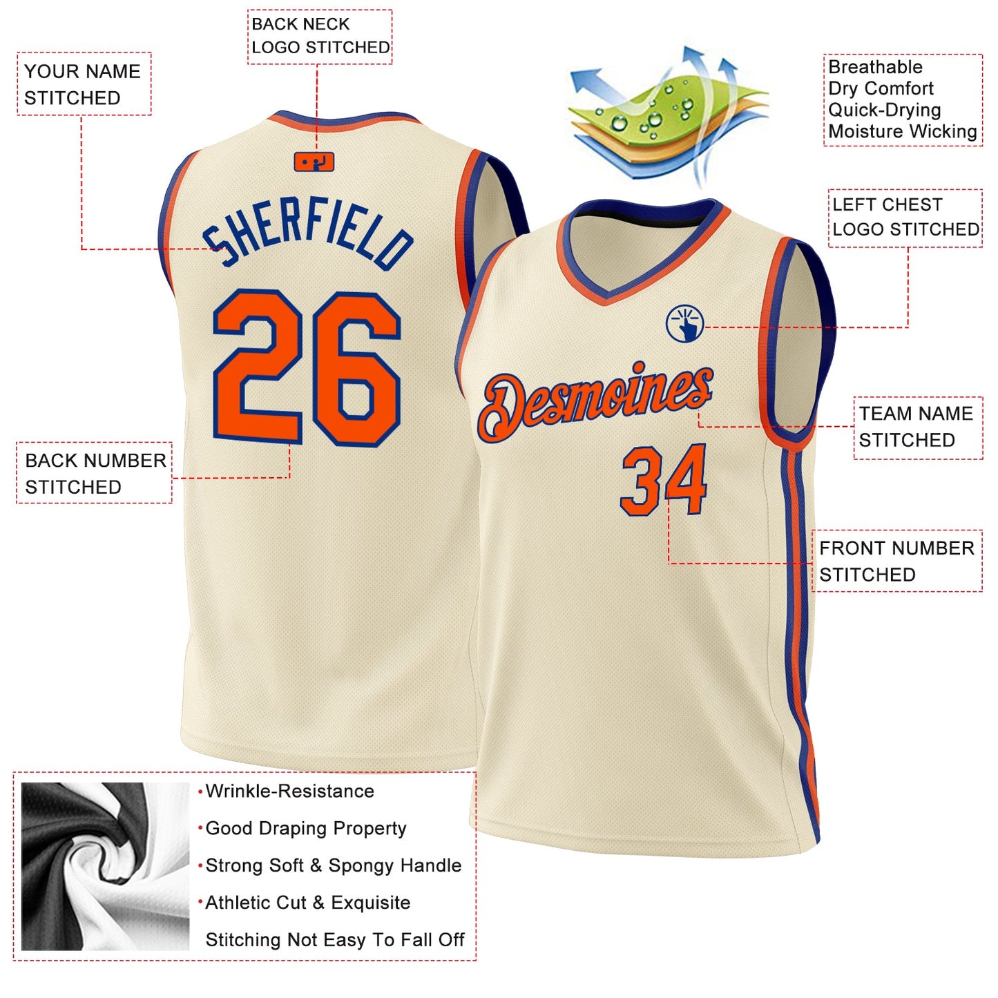 Custom Cream Orange-Royal Authentic Throwback Basketball Jersey view 3