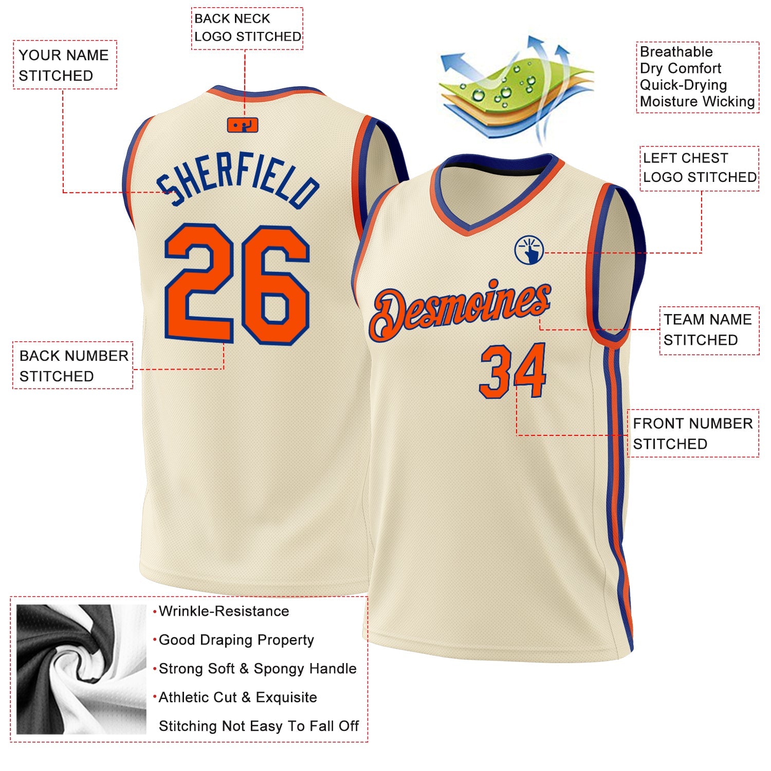 Custom Cream Orange-Royal Authentic Throwback Basketball Jersey view 3