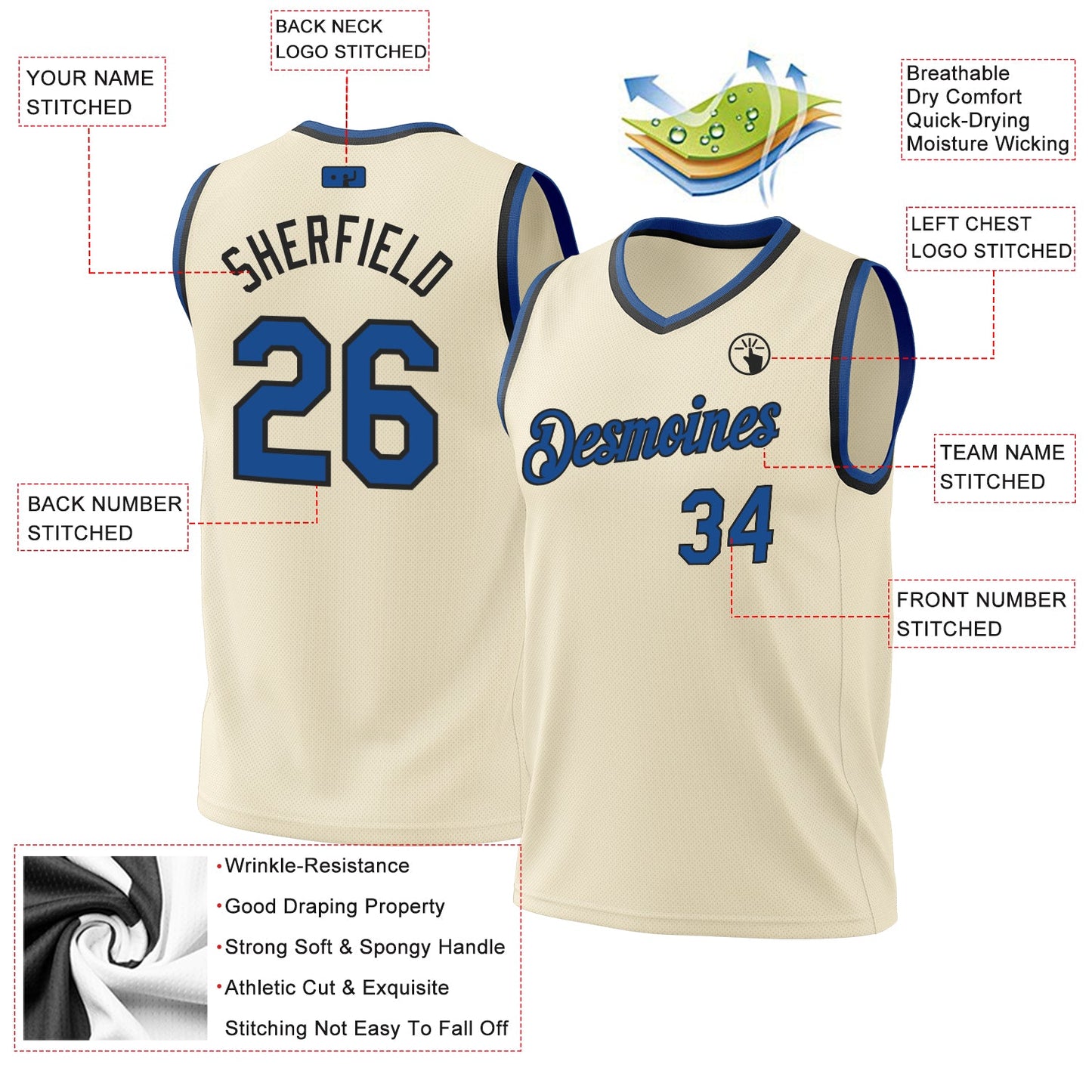 Custom Cream Blue-Black Authentic Throwback Basketball Jersey view 3