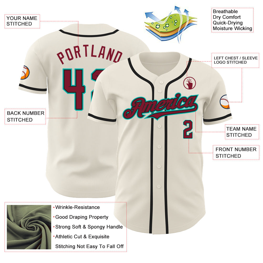 Custom Cream Crimson Black-Aqua Authentic Baseball Jersey view 3