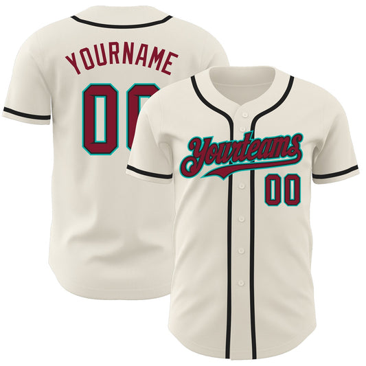Custom Cream Crimson Black-Aqua Authentic Baseball Jersey - Main View
