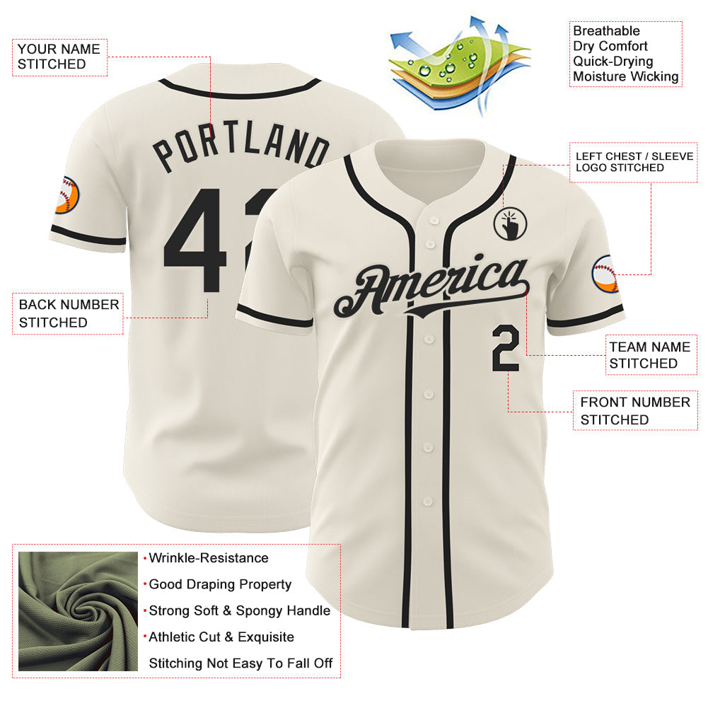 Custom Cream Black Authentic Baseball Jersey view 3