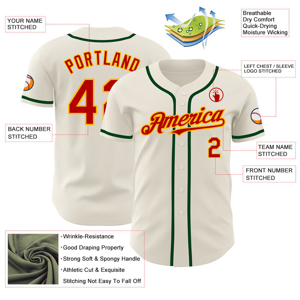 Custom Cream Red Gold-Green Authentic Baseball Jersey view 3