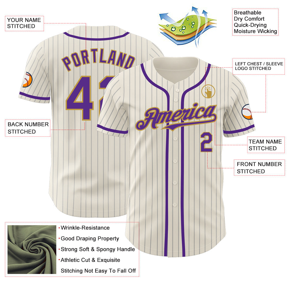 Custom Cream Gray Pinstripe Purple-Old Gold Authentic Baseball Jersey view 3