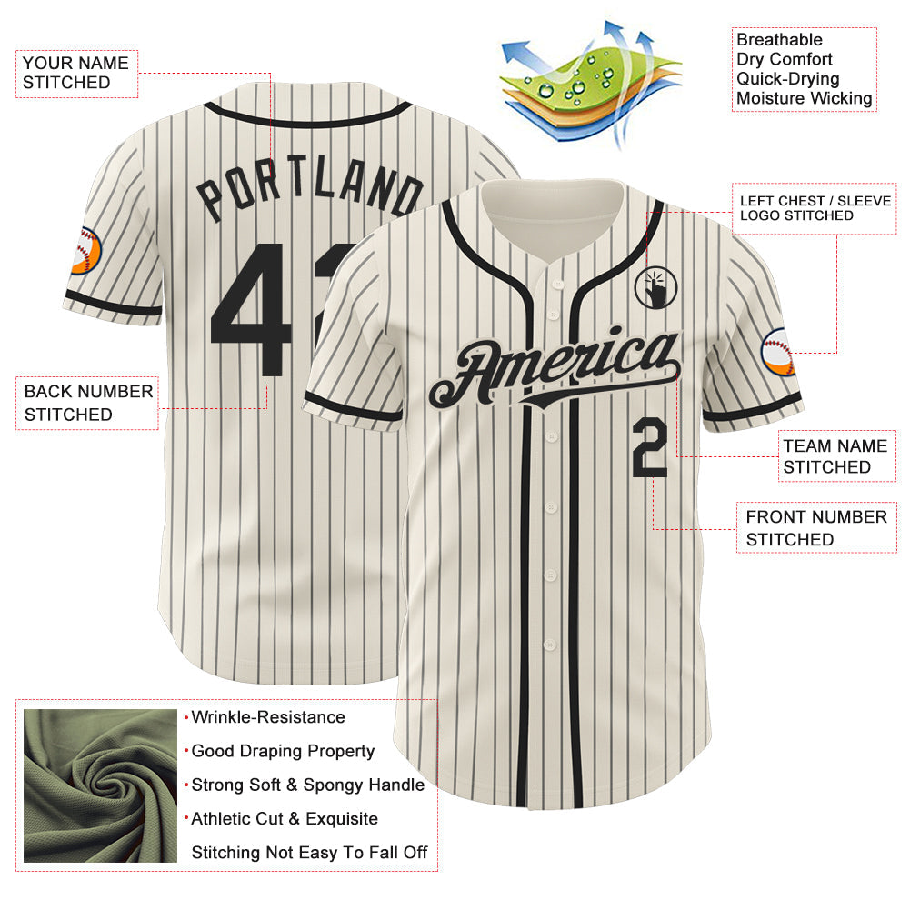 Custom Cream Black Pinstripe Black Authentic Baseball Jersey view 3