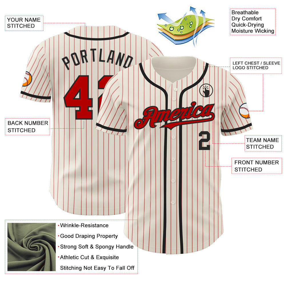 Custom Cream Red Pinstripe Black Authentic Baseball Jersey view 3