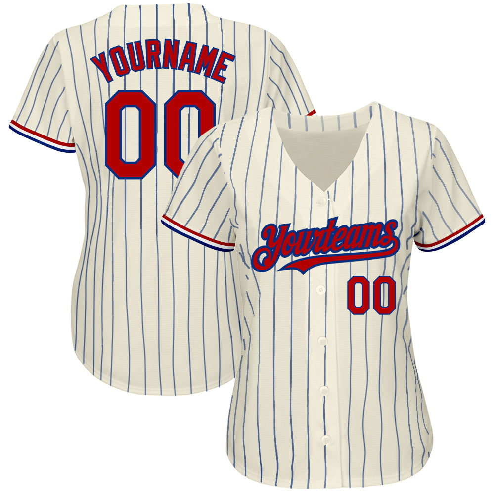 Custom Cream Royal Pinstripe Red-White Authentic Baseball Jersey view 2