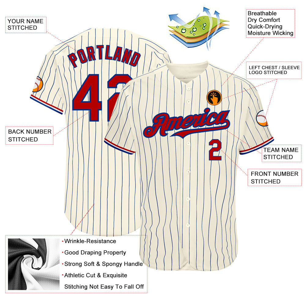 Custom Cream Royal Pinstripe Red-White Authentic Baseball Jersey view 3