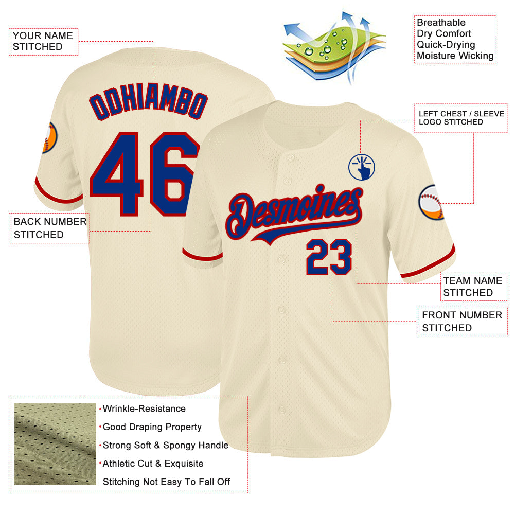 Custom Cream Royal-Red Mesh Authentic Throwback Baseball Jersey view 3