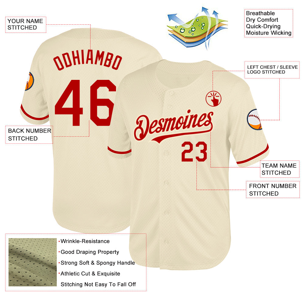 Custom Cream Red Mesh Authentic Throwback Baseball Jersey view 3