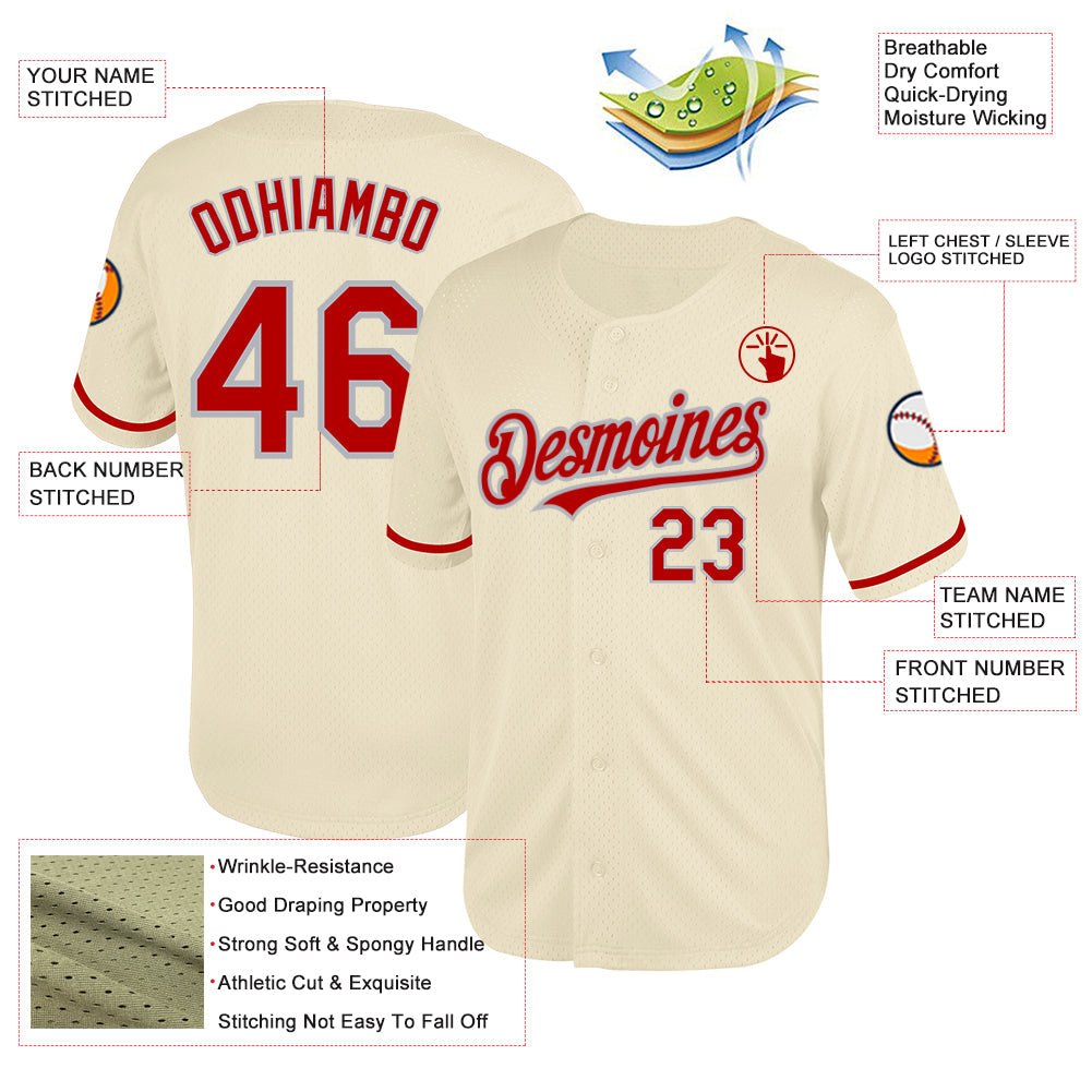 Custom Cream Red-Gray Mesh Authentic Throwback Baseball Jersey view 3