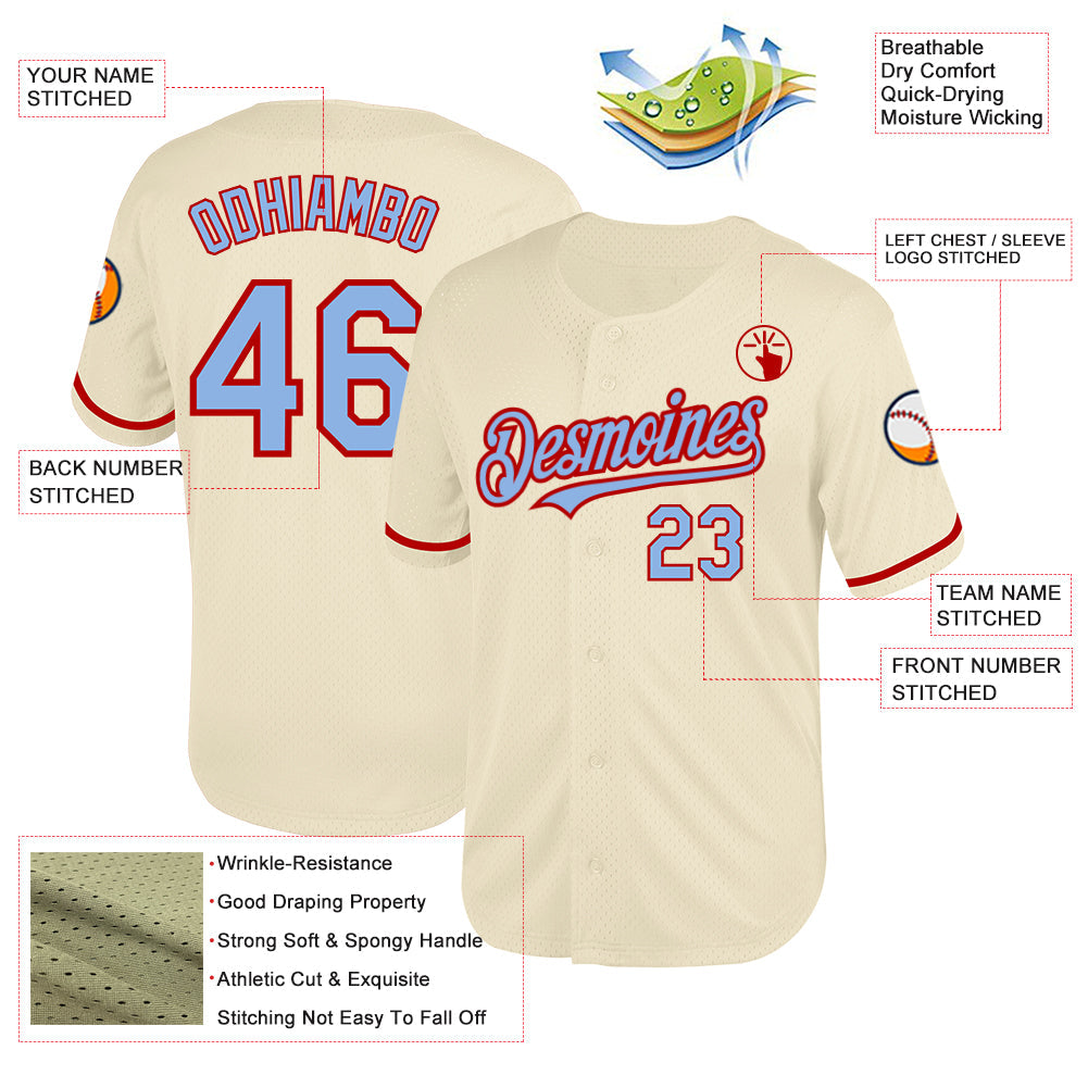 Custom Cream Light Blue-Red Mesh Authentic Throwback Baseball Jersey view 3