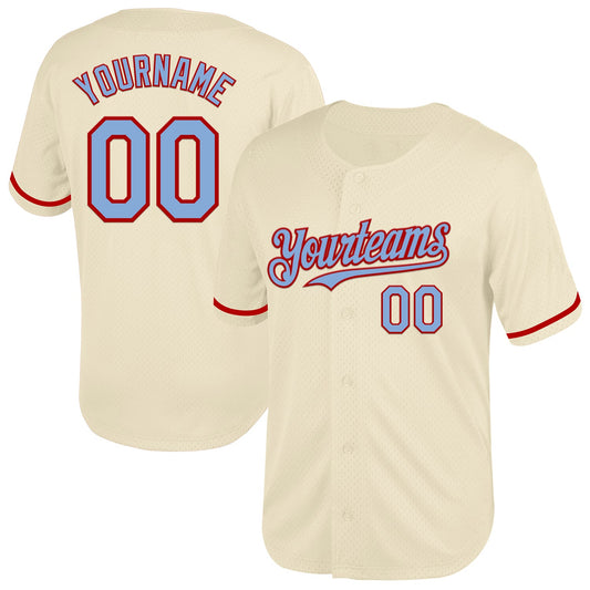 Custom Cream Light Blue-Red Mesh Authentic Throwback Baseball Jersey - Main View