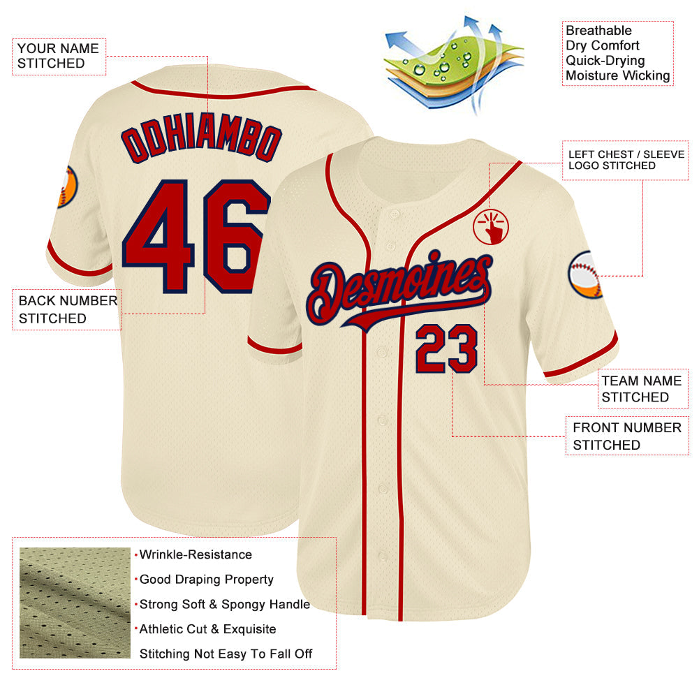 Custom Cream Red-Navy Mesh Authentic Throwback Baseball Jersey view 3