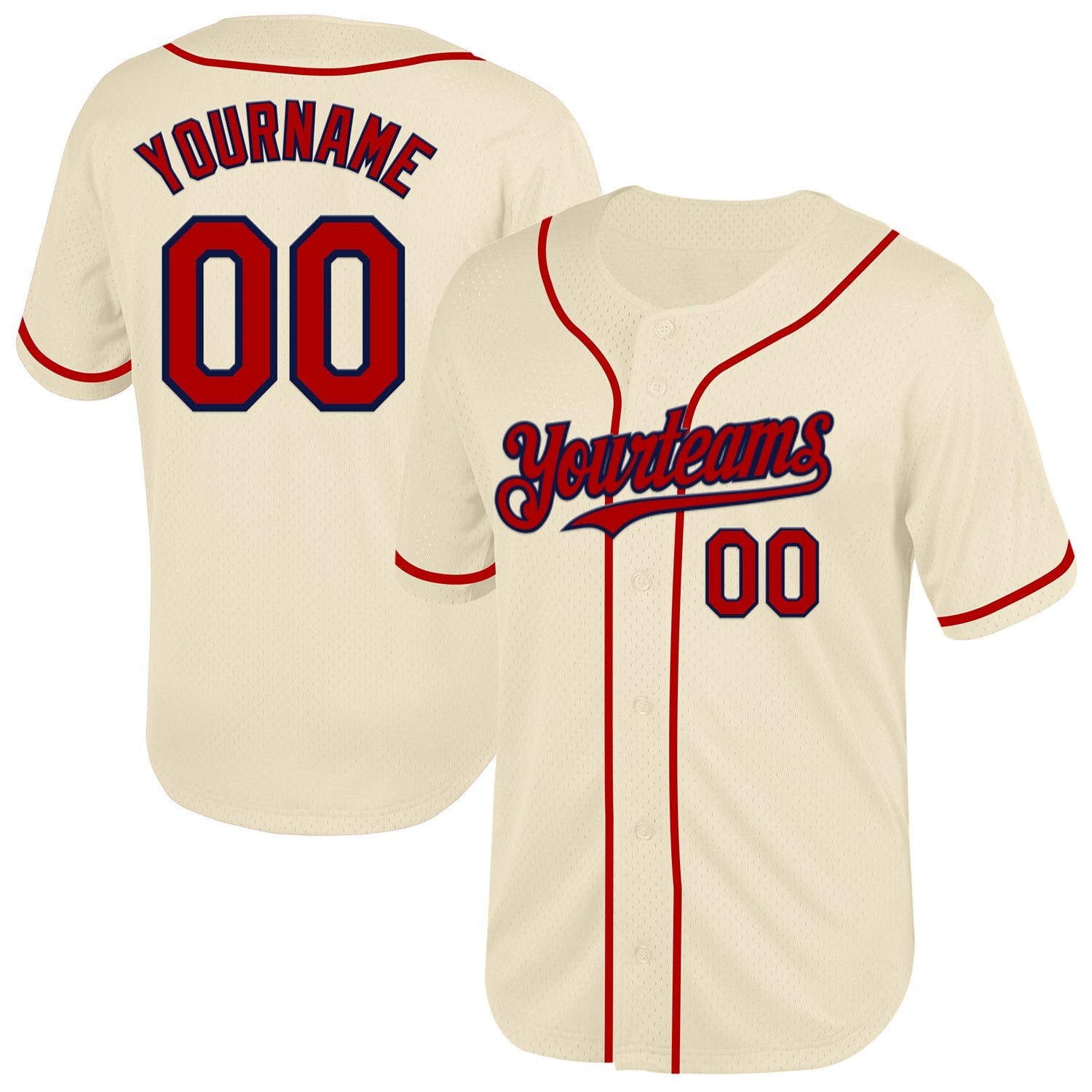Custom Cream Red-Navy Mesh Authentic Throwback Baseball Jersey - Main View