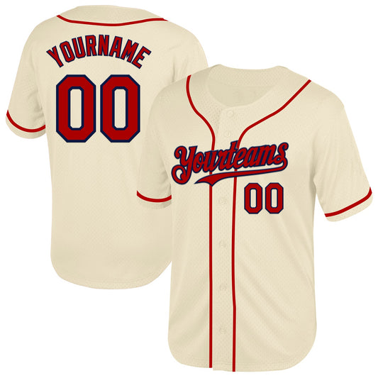 Custom Cream Red-Navy Mesh Authentic Throwback Baseball Jersey - Main View