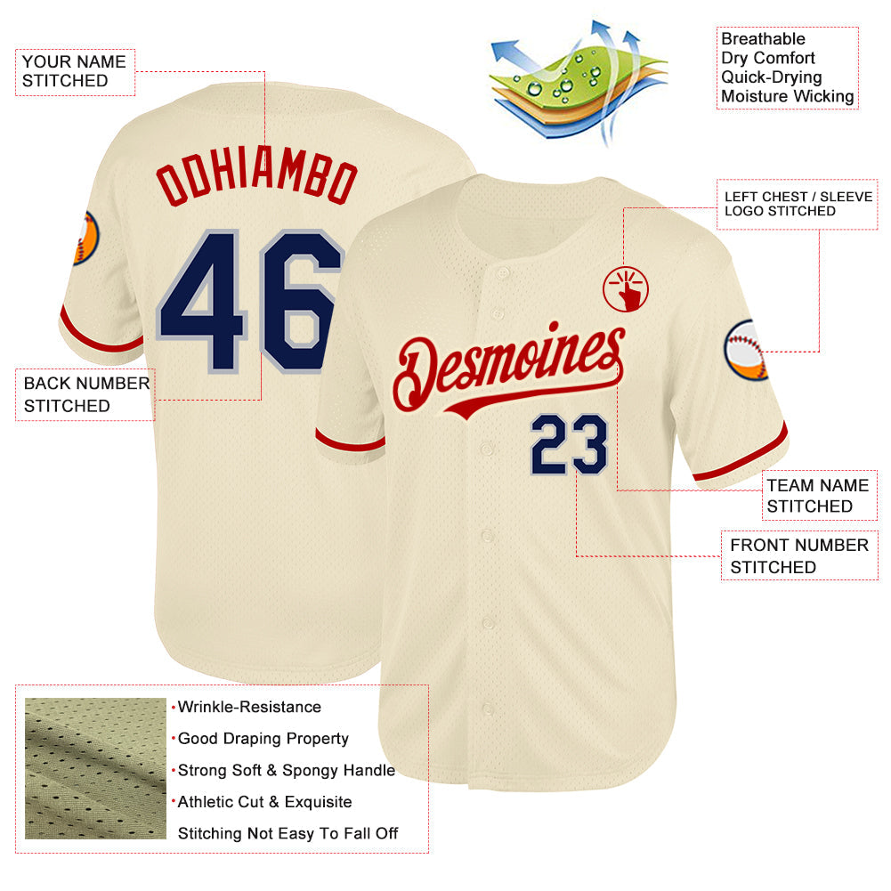 Custom Cream Navy Red-Gray Mesh Authentic Throwback Baseball Jersey view 3
