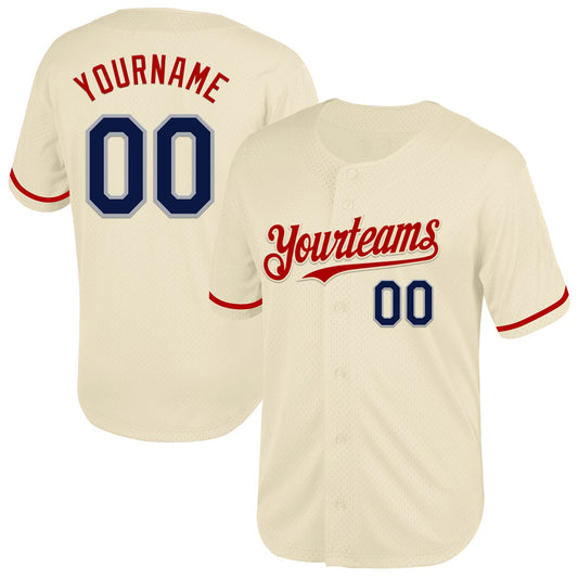 Custom Cream Navy Red-Gray Mesh Authentic Throwback Baseball Jersey - Main View