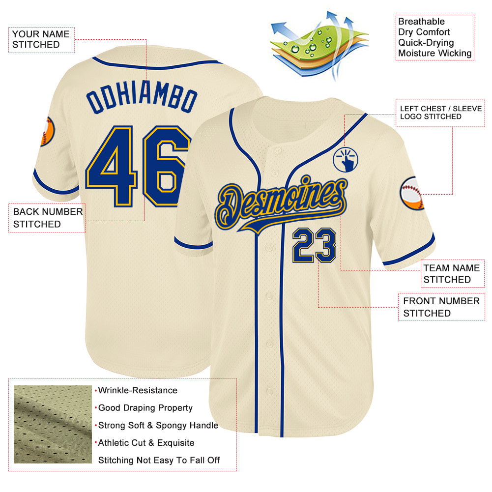Custom Cream Royal-Gold Mesh Authentic Throwback Baseball Jersey view 3